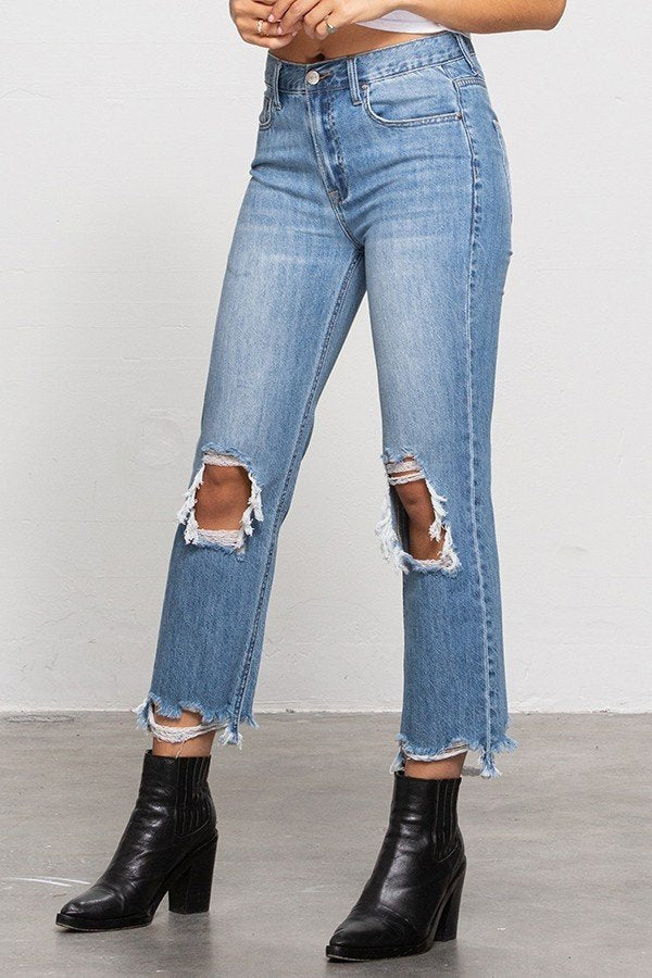 Hi-Rise Premium Straight Crop Jeans – Distressed Cut