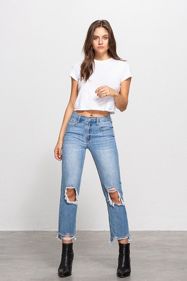 Hi-Rise Premium Straight Crop Jeans – Distressed Cut
