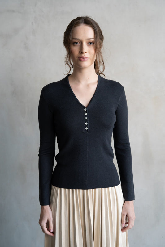 Charcoal V-Neck Button Knit Top