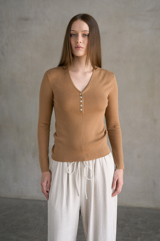 Beige V-Neck Button Knit Top