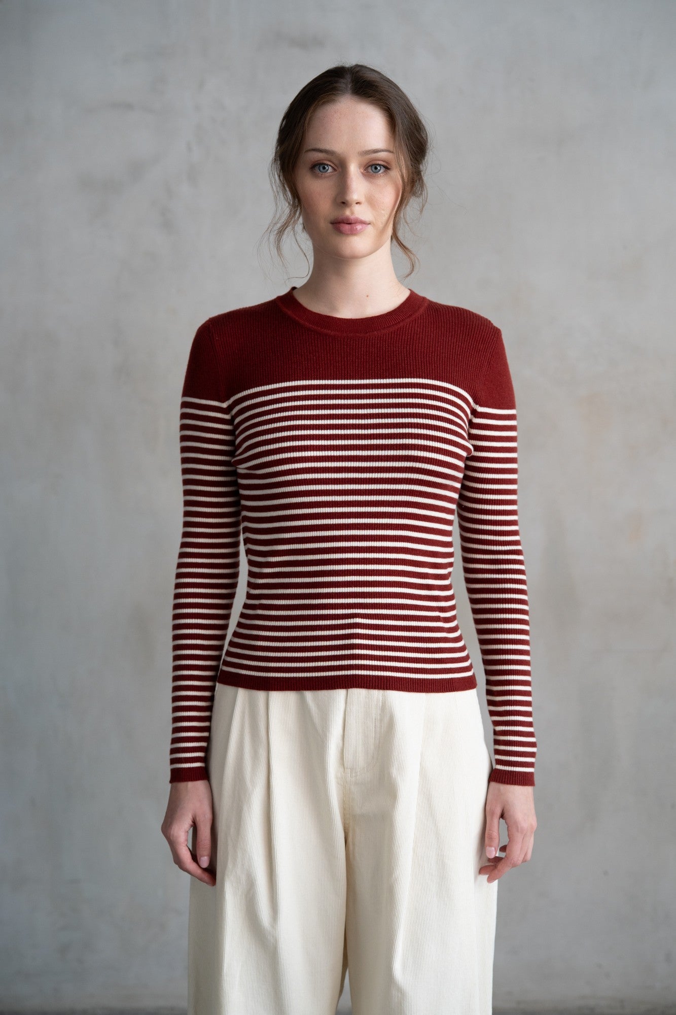Striped Crew Neck Sweater – Wine & Cream