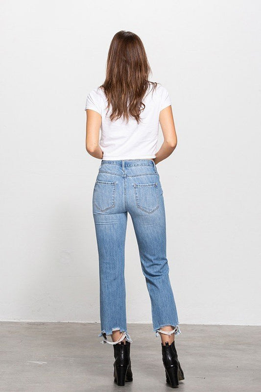 Hi-Rise Premium Straight Crop Jeans – Distressed Cut